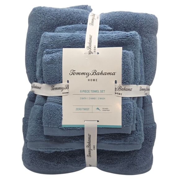 Tommy Bahama Home 6pc Boardwalk Blue Cotton Towel Set Bath Hand Wash Zero Twist